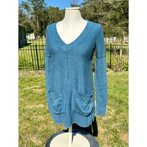 Free People Small Blue Long Sleeve Tunic Sweater with Pockets Wool Blend - Picture 1 of 9